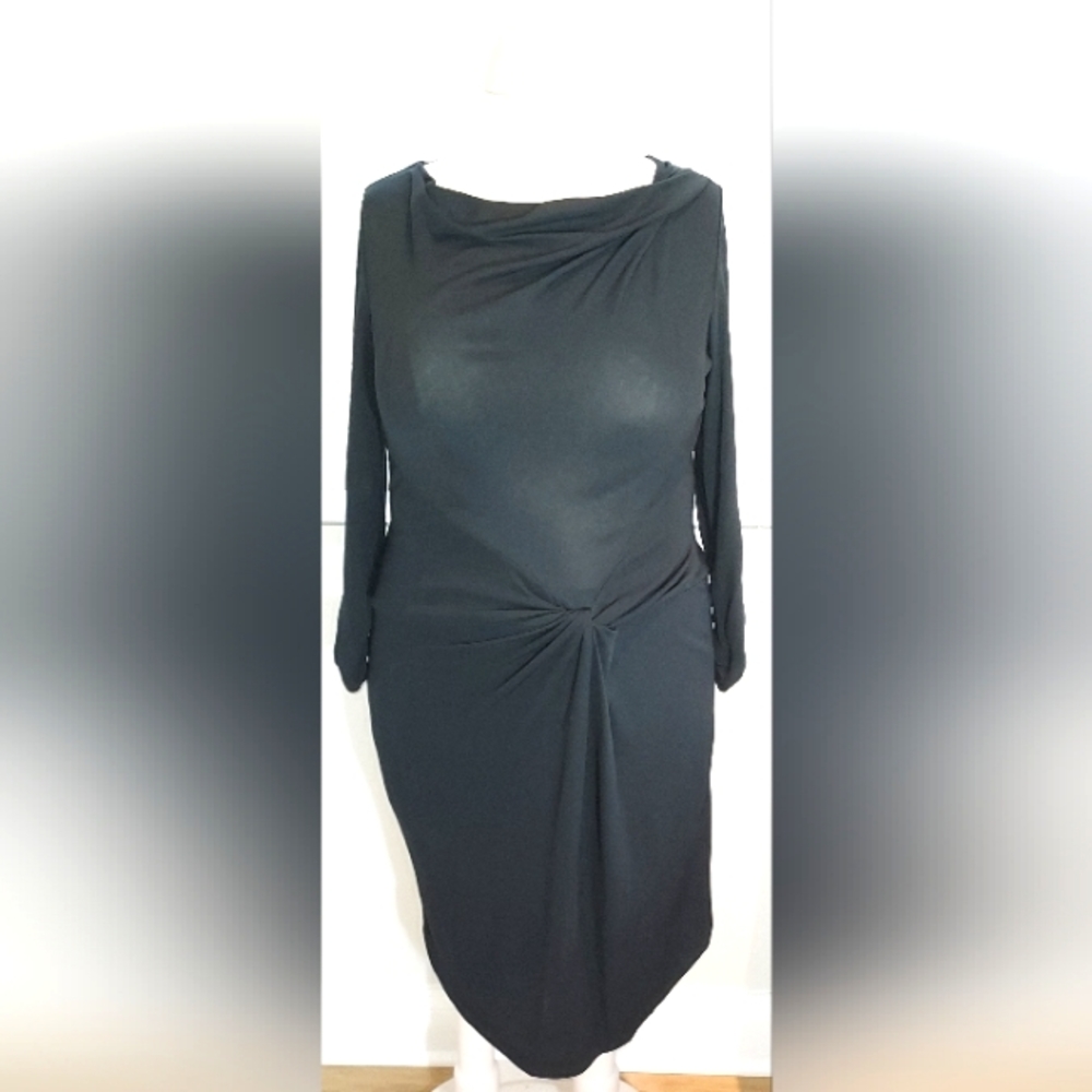 Carlisle Black Long Ruched Sleeve Knotted Front Dress NWOT